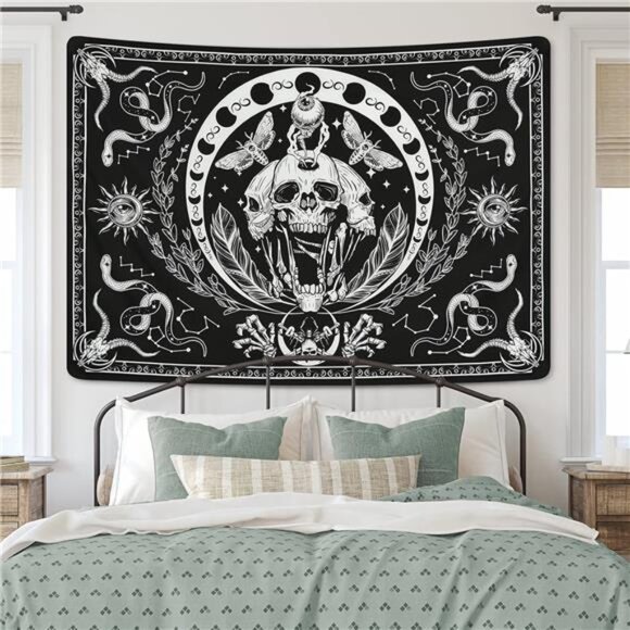 Skull Tapestry Black and White Tapestries Snake Tapestry Moth Tapestry Trippy - Picture 4 of 8